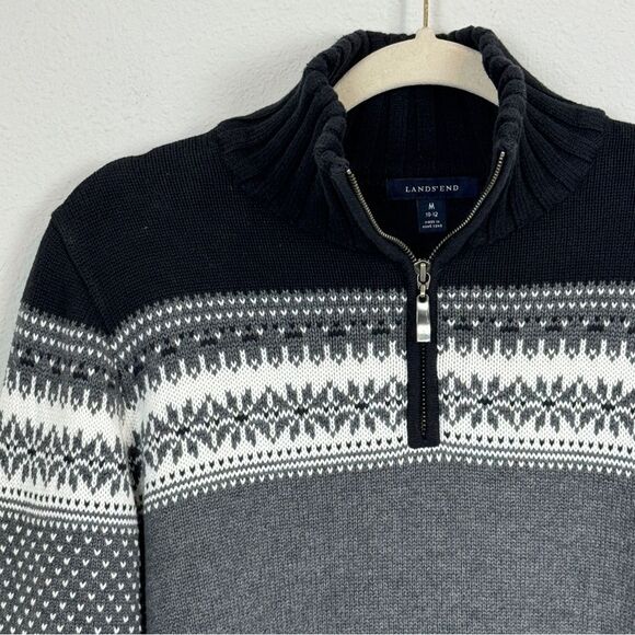 L.L. Bean Black Grey Fair Isle Quarter Zip Pullover Sweater M - Picture 2 of 8